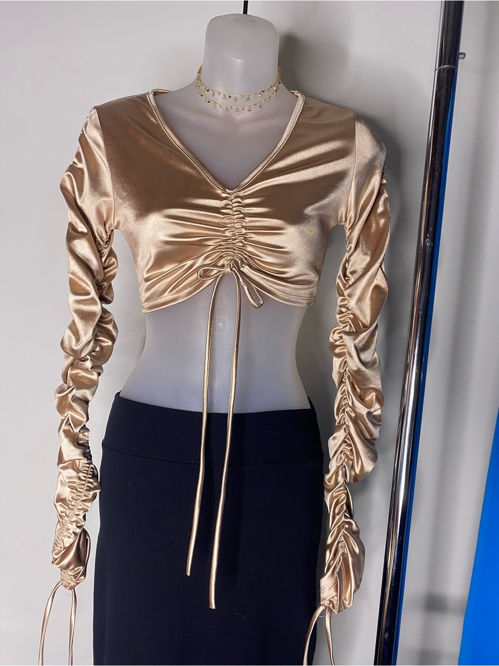 Vintage made in USA Jade Champagne Satin Ruched Drawstring Crop Top